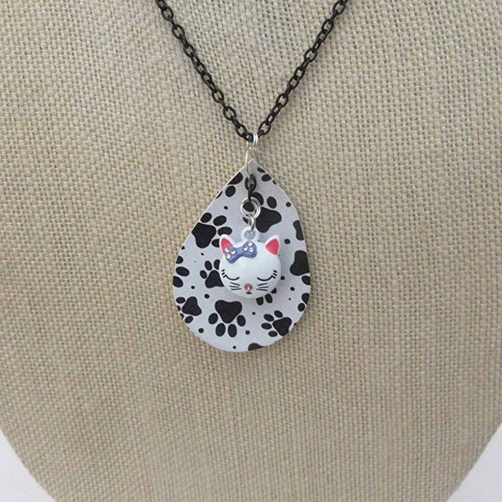 Handmade White Enamel Cat Earrings Paw Print Leather Pendant Necklace